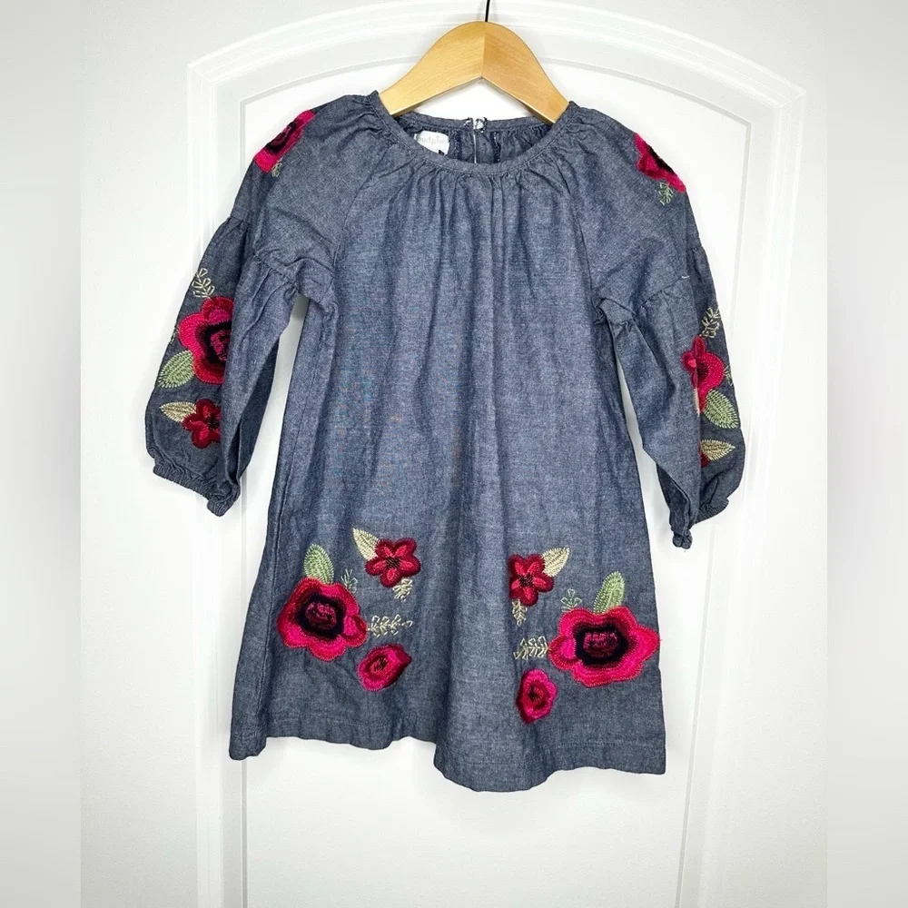 Girls Mud Pie Blue Dress w/ Red Floral Embroidery Sz 5T Cottagecore Spring‎